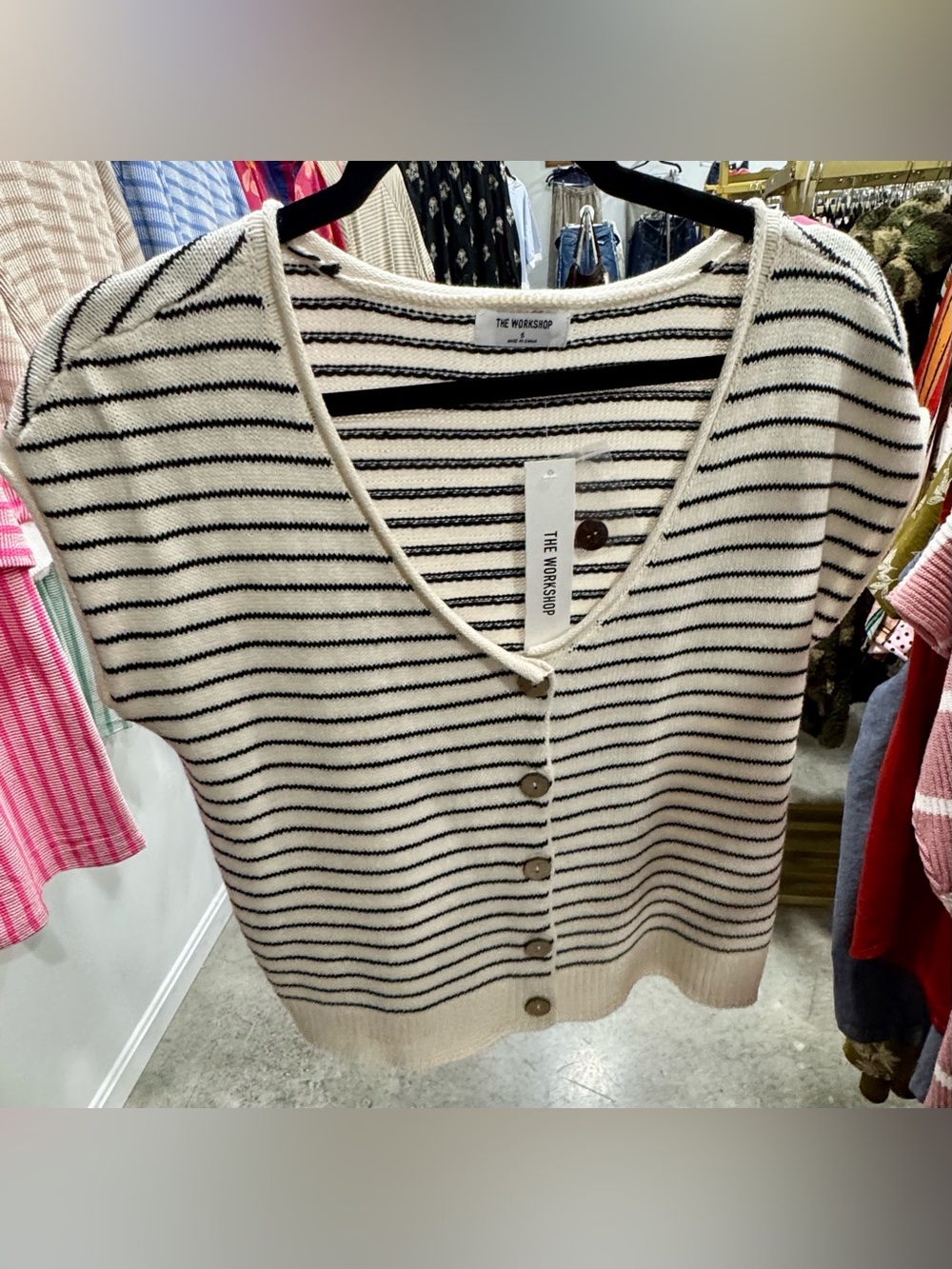 Workshop Republic Clothing Cream and Black Striped V-Neck Button Cardigan